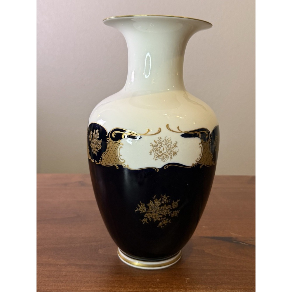 Vintage Echt Kobalt Vase Made in German DR Floral Motif Blue White Gold 11" H